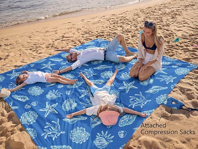 WEKAPO Beach Blanket Waterproof Sandproof Oversized, Extra Large Beach Mat Sand Free, Lightweight & Compact Sand Free Mat with 5 Stakes & 4 Corner Pockets