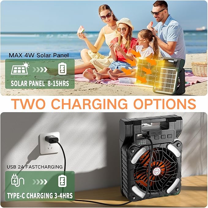 Solar Powered Portable Camping Fan,10400mAh rechargeable Solar Power Cordless Battery Fan with LED Lantern | 4 Wind Speeds Adjustable |3 Timers Modes | Quiet , Perfect for Tent, Fishing ,Picnic,orange