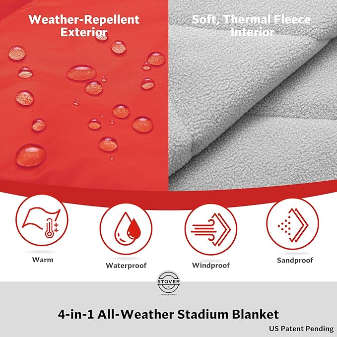 STOVER Large Waterproof Outdoor Stadium Blanket- Extra Thick Soft Fleece Camping Blanket for Travel, Picnics, Sports, Dogs 79"x55", Warm, Windproof, Sand-Proof, Lightweight, Packable (Sunset Red)