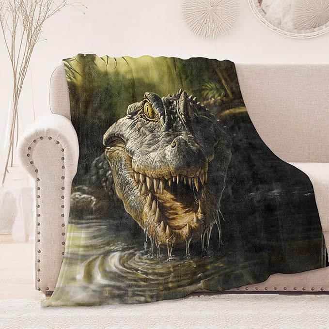 Fierce Crocodile Blanket, Cozy Flannel Realistic Jungle Wildlife Blankets, All Season Soft Throw for Travel Home Decor, Lightweight Sofa Bed Throws, Gifts for Men Boys Animal Lovers, 50"×60"