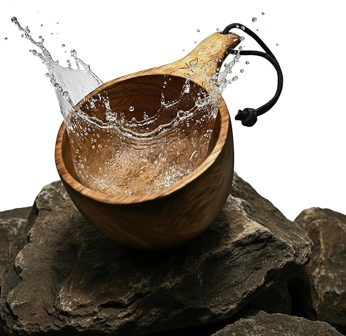 überleben | Lore Kuksa Wooden Cup – Handcarved 12oz Coffee Mug, Bowl with Lanyard & Carabiner – Lightweight Camping Essentials & Traditional Nordic Bushcraft Gear