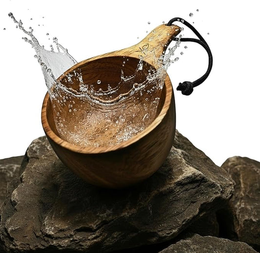 überleben | Lore Kuksa Wooden Cup – Handcarved 12oz Coffee Mug, Bowl with Lanyard & Carabiner – Lightweight Camping Essentials & Traditional Nordic Bushcraft Gear