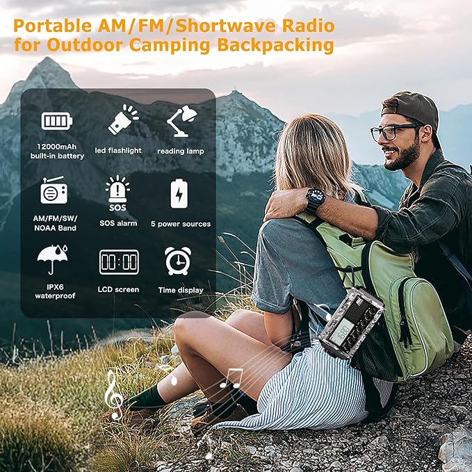 Eoxsmile Emergency Radio 12000mAh with NOAA Weather Alert | Solar, Hand Crank, Battery AM/FM/Shortwave with Type-C Charger, Flashlight, SOS for Hurricane, Camping, Outdoor Survival