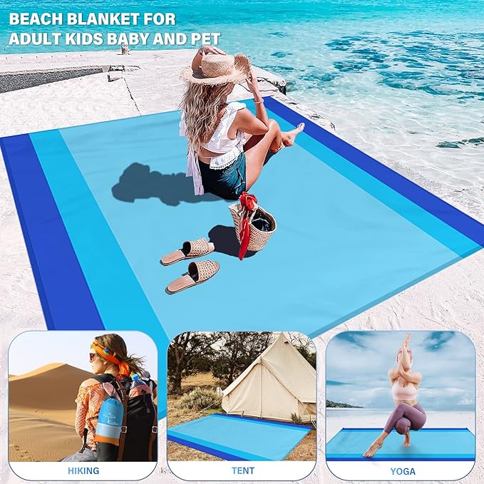 Famstar Beach Blanket Oversized Extra Large 10'X 9',Waterproof Sandproof Beach Blanket 2-8 Adults Lightweight Durable for Travel Camping Hiking Picnic (10'X 9', Blue)