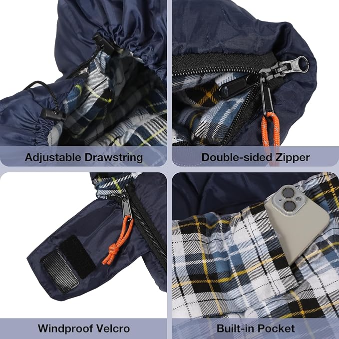 REDCAMP Flannel Sleeping Bag for Adults, Comfortable Cotton Sleeping Bags for Camping with Detachable Hood, Red/Grey/Blue/Black