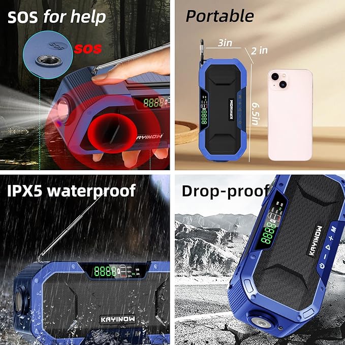 Hand Crank Emergency Weather Radio Solar Power with AM FM NOAA,Wind Up Flashlight,18500mWh/5000mAh Rechargeable Battery,SOS Alarm,Portable,Waterproof,for Survival,Storm and Power Outage