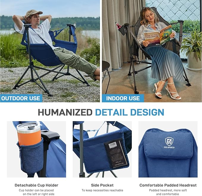 EVER ADVANCED Padded Hammock Camping Chair, Oversized Heavy Duty Swing Chair with Detachable Cup Holder, Portable Folding Rocking Camping Chair, Support Up to 400lbs