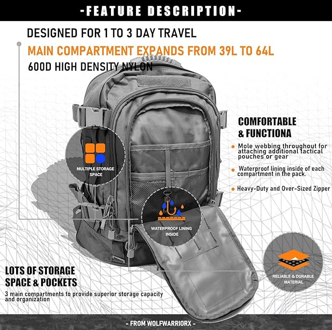 Miramrax Tactical Backpack Military Hiking Daypack - Molle Backpack for Men 3 Day Assault Pack Bug Out Bag for Camping (Grey)