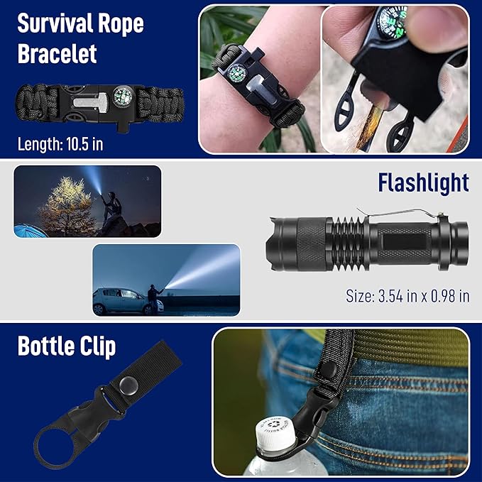 Emergency Survival Gear Kit 12-in-1 – Outdoor Adventure Equipment with LED Tactical Flashlight, Fire Starter Glass Breaker Pen – Camping Hiking Hunting Accessories – Survival Gifts for Men Dad Husband