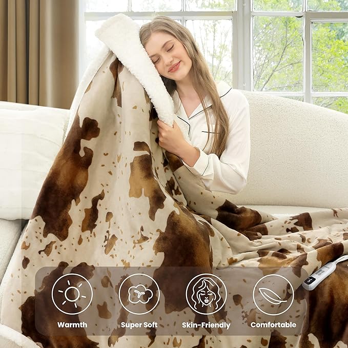 Heated Blanket Twin Blanket - Fast Heating Electric Blanket, Soft Flannel Heated Twin with 4 Time Settings,10 Heating Settings, Warm Gifts for Women & Mom&Grandma(62"x84"Cow Print Apricot)