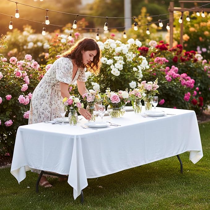 FDW 8FT Folding Table, Portable Fold-in-Half Plastic Picnic Party Table with Carrying Handle (White, 8FT)