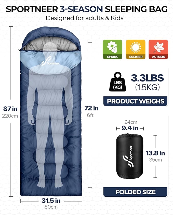 Sportneer Sleeping Bag for Adults & Kids, Cold Weather & Warm Waterproof Camping Sleeping Bag, Compact Portable for Camping Hiking & Travel