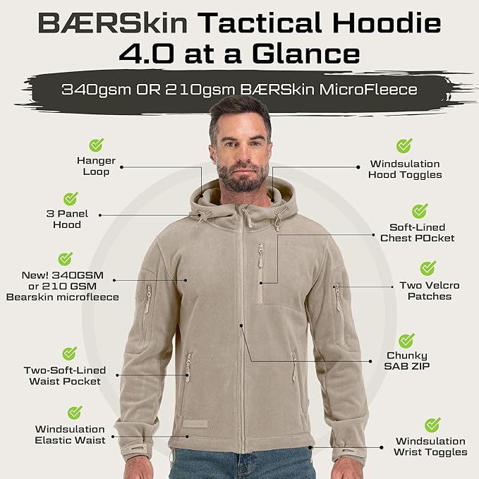 Baerskin Tactical Hoodie Jacket for Men 4.0 - Military Style Fleece Sweater for Cold, Rain, Wind or Snow