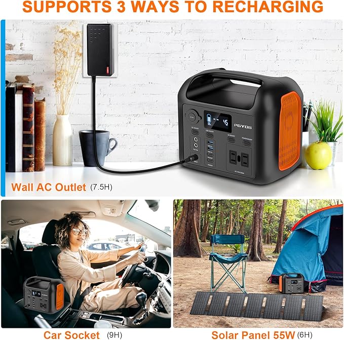 PGYOB Portable Power Station with 55W Solar Panel, 299Wh LiFePO4 Backup Battery 300W Pure Sine Wave AC (600W Peak) Car Outlets PD 60W QC3.0 Solar Generator Power Bank for Camping, Emergency, CPAP