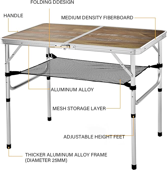 YUFIFAIRY Aluminum Camp Table, Folding Table Portable,Lightweight,Foldable with 2 Adjustable Height, Indoor Outdoor Table for Cooking, Picnic, (2 Heights), 36''L x24''W