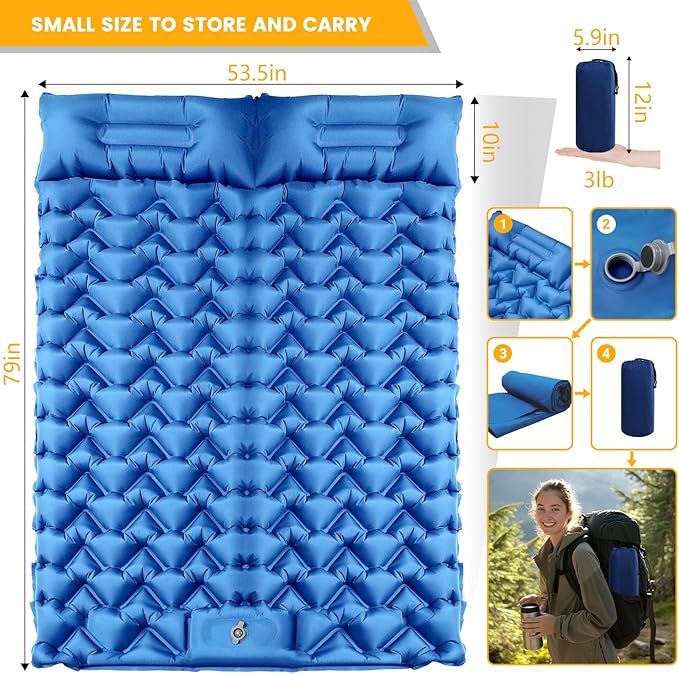 Sleeping Pad for Camping 2 Person, Double Camping Pad with Built-in Foot Pump and Pillow, Inflatable 4in Extra-Thick Ultralight Air Mattress for Backpacking, Hiking, Travel, Tent, Car, Gift