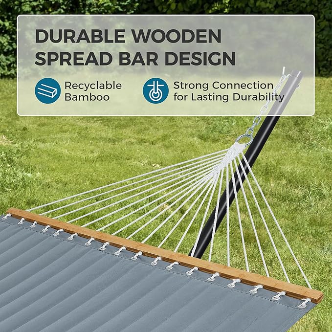 SUPERJARE Hammock with Stand, 2 Person Quilted Outdoor Hammock, Detachable Pillow & Bamboo Spreaders, Portable Hammock with Carrying Bag, Heavy Duty Stand, Perfect for Outside, Patio, Neutral Gray