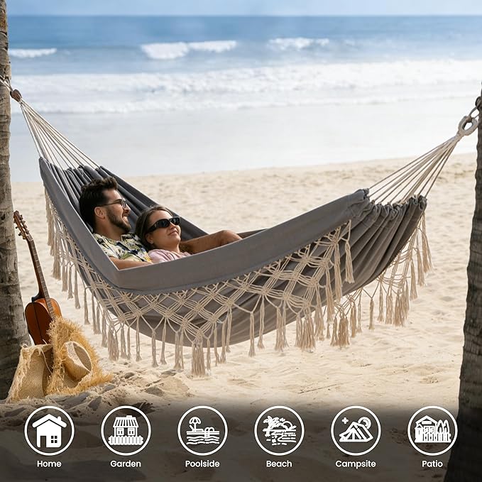 Lazy Daze Hammocks Double Brazilian Cotton Hammock, Extra Large Portable Outdoor Camping Hammock with Tree Straps & Travel Bag for Backyard Patio Poolside Indoor, 550lbs Capacity, Light Gray