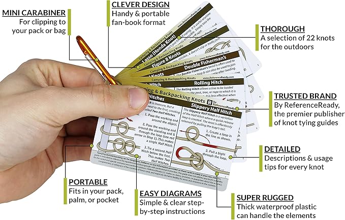 ReferenceReady Outdoor Knots Pocket Guide - Waterproof Knot Tying Cards with Mini Carabiner, 22 Rope Knots for Camping, Backpacking, Scouting and Bushcraft