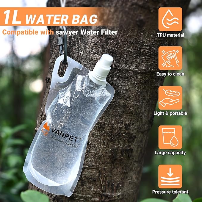 VANPET 1L Hiking Collapsible Water Bottles, 33OZ BPA-Free Plastic Flasks, Reusable Drink Bags, Foldable Backpacking Water Bottle for Travel Camping Hiking (2-Pack)