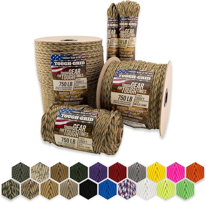 TOUGH-GRID 750 Paracord Military Grade Nylon Rope - Type IV Mil-Spec Made in USA - Tactical Survival Cord