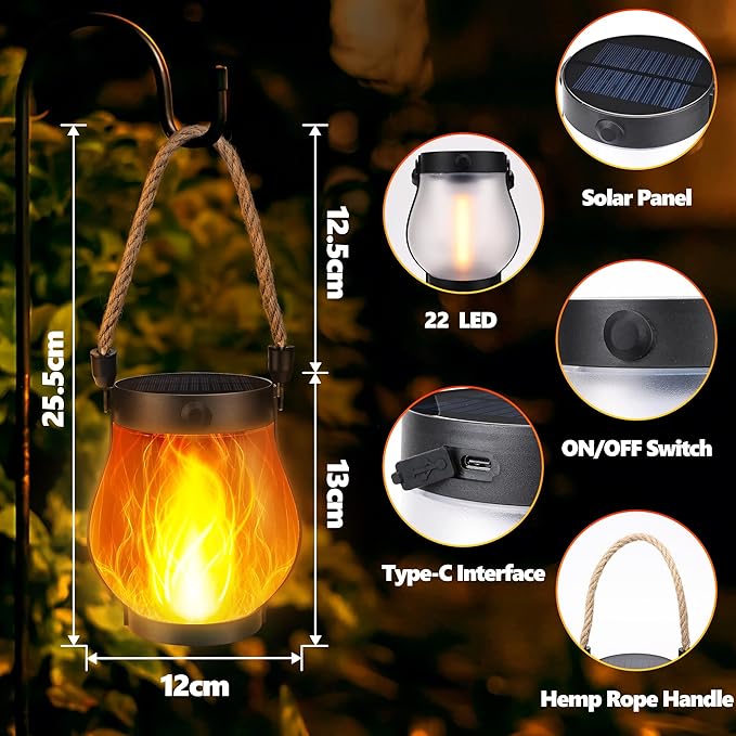 iBaycon 1 Pack Solar Lanterns Lights, Halloween Flickering Flame Garden Lights with 2 Modes Dual Charging USB & Solar, Outdoor Waterproof Hanging Lantern for Party Holiday Halloween Decor (Warm White)