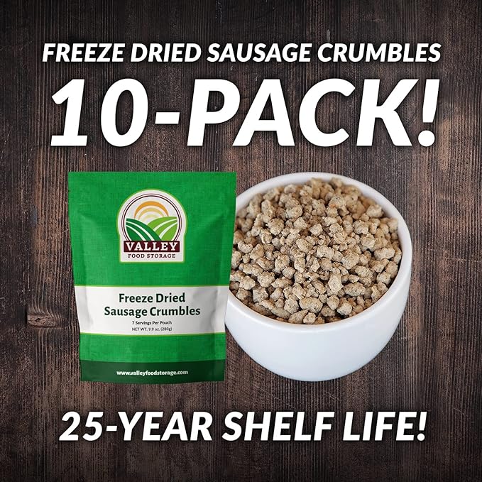 Valley Food Storage Freeze Dried Sausage Crumbles | 10-Bag Bucket, 85 oz | Premium Emergency Food Supply, 25 Year Shelf Life | Prepper Supplies, Survival Food, Camping & Off-Grid Living | Packaged in USA