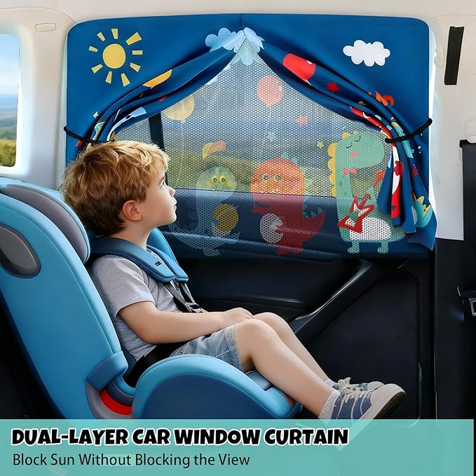 Car Window Shade for Baby, 2 Pack Magnetic Double Layer Sun Shade with Cute Dinosaur Design, Adjustable Privacy Blackout/See-Through Window Curtains, UV Protection, Fits Most Cars SUV Minivan