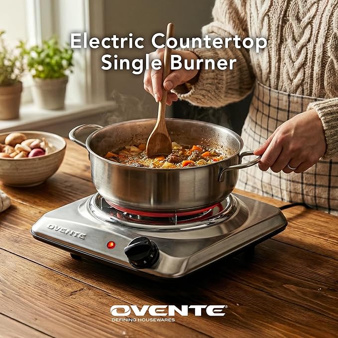 OVENTE Electric Countertop Single Burner, 1000W Cooktop with 6" Stainless Steel Coil Hot Plate, 5 Level Temperature Control, Indicator Light, Compact Cooking Stove and Easy to Clean, Silver BGC101S