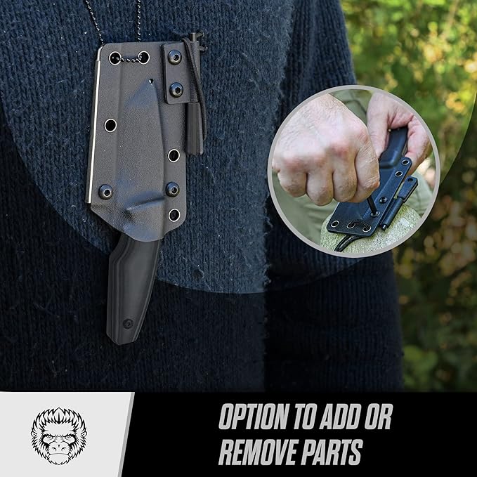 Holtzman's Gorilla Survival Tanto Fixed Blade Neck Knife with Kydex Sheath & Ferro Rod (Black) - Ideal for Outdoor Activities and Everyday Carry