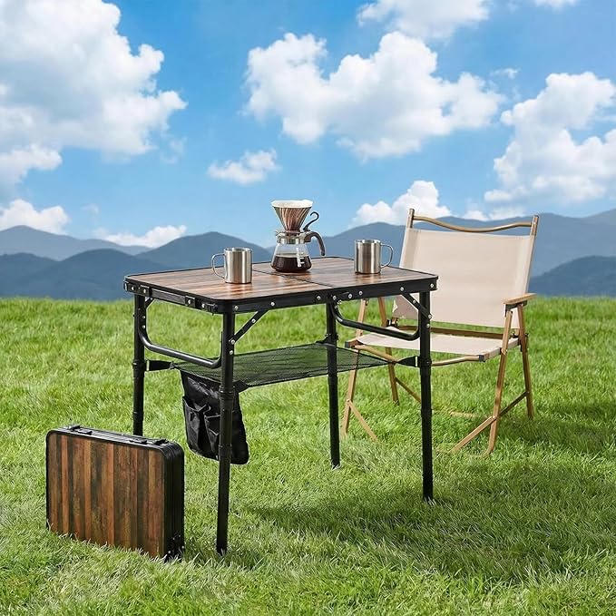 Small Folding Camping Table, 2ft Portable Picnic Table Aluminum 24" x 16" Folding Table, 3 Adjustable Heights Portable Lightweight Table Dining Table for RV, Picnic, Beach (Wood Grain)