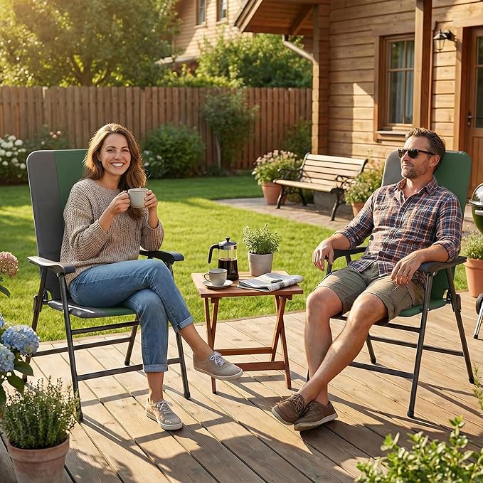 Outsunny Folding Patio Chairs Set of 2, Padded High Back Folding Lawn Chairs with Armrests, 600D Oxford Fabric, Portable Outdoor Camping Chair Set for Deck, Garden, Backyard, Dark Green