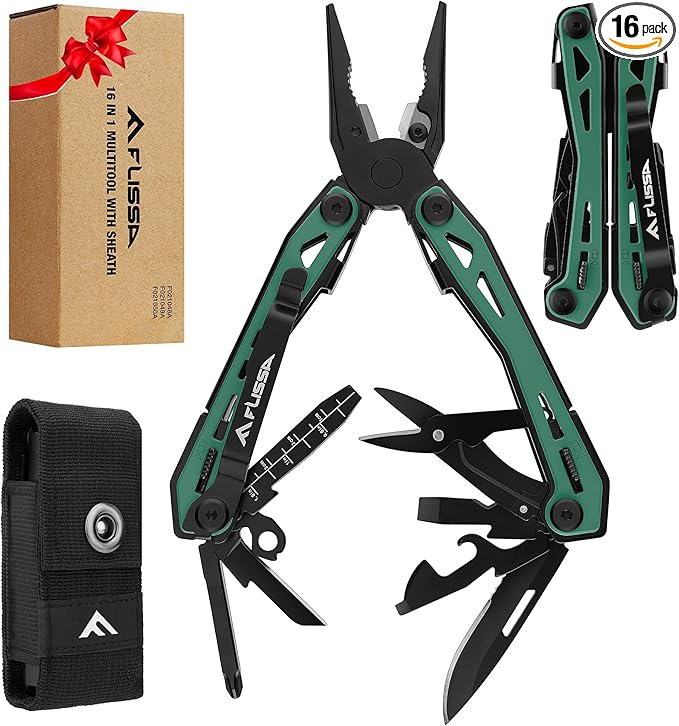 FLISSA 16-in-1 Multi Tool Pliers, Gifts for Men, Stainless Steel EDC Multitool with Pocket Knife, Belt Clip and Oxford Pouch, Self-locking Multipurpose Utility Multi-Tool for Camping Survival Outdoor