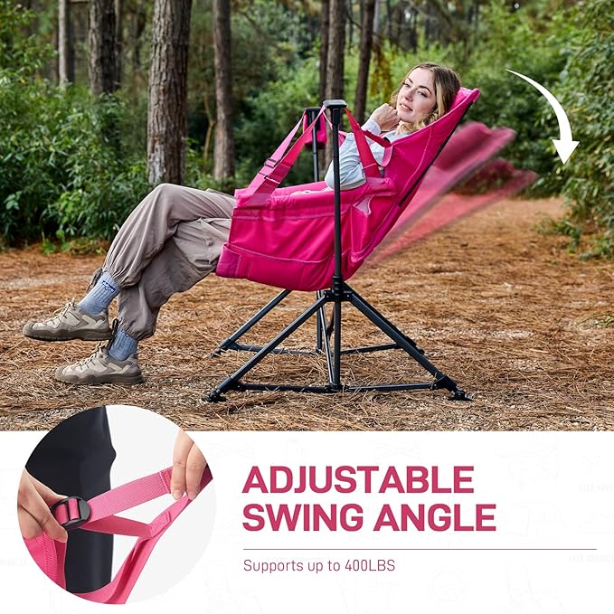 EVER ADVANCED Padded Oversized Hammock Camping Chair, Compact Heavy Duty Swing Chair with Multi-Storage Pockets, Portable Folding Rocking Camping Chair, Support Up to 400lbs, Pink