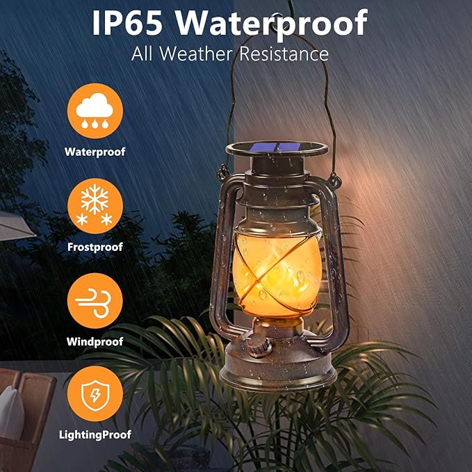 Wondrastical Solar Lanterns Outdoor Waterproof, 2 Pack Flickering Flame LED Hanging Lantern, Bronze Vintage Solar Powered Decorative Lights for Patio Porch Garden Yard Pathway Camping