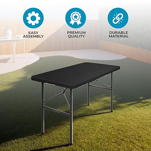 Simpli-Magic 4ft Portable Plastic Folding Table – 17% Thicker Than Others – Indoor & Outdoor Heavy-Duty Foldable Utility Table w/Handle for Party & Camping (Black)