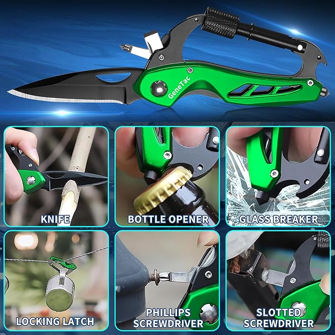 Multi-tool Carabiner with Pocket Knife, Bottle Opener, Window Breaker, Screwdrivers, EDC Tactical Survival Gear for Camping (Green)