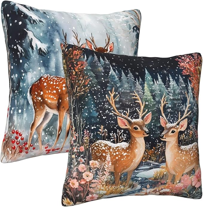 Winter Snowflake Reindeer Forest Throw Pillow Covers 18x18 inch Set of 2 Christmas Pillow Case Cushion Cover for Home Sofa Couch Living Room Car Decor
