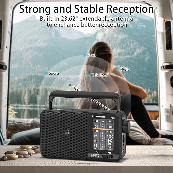 TOMASHI Portable Radio am fm,Transistor Radio with Best Reception,Large Tuning Knob,Battery Operated by 3 D Cell Batteries or AC Power,Big Speaker,Suit for Senior and Home (Black)