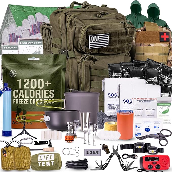 TacPreps 72-Hour Survival Kit | Emergency Bug Out Bag with First Aid, Water Filter, Food, Tools | 45L Tactical Backpack for Camping, Hiking, Outdoor Emergency Preparedness