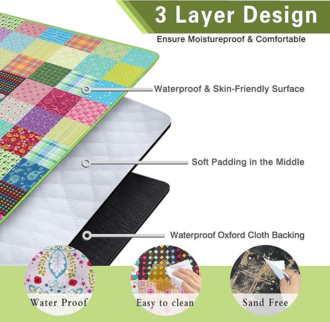 Supfitness Extra Large Picnic Blankets Waterproof Foldable (60"x 80") Boho Beach Blanket Waterproof Sandproof,3-Layer Thicking Mat Outdoor Packable Camping Blanket