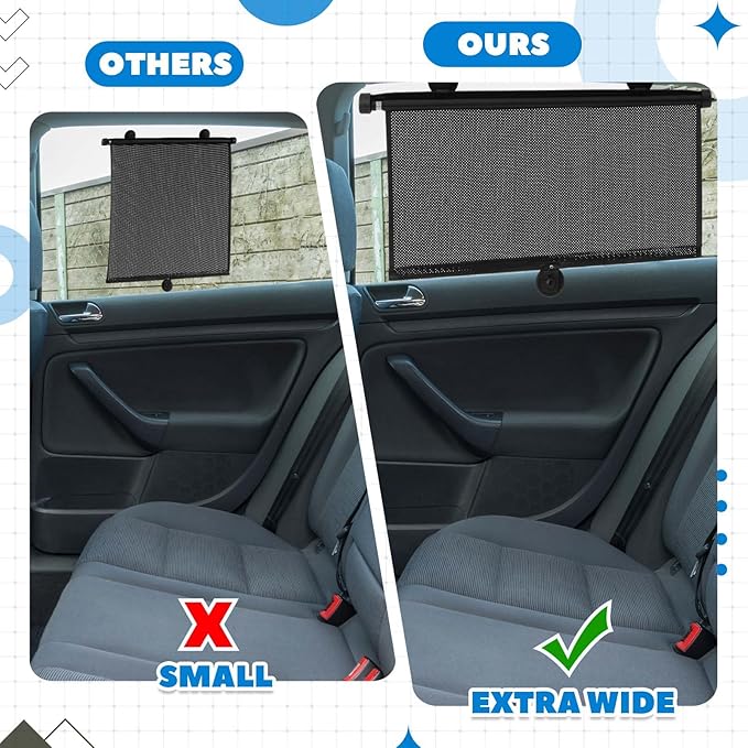 Blosssound 2 Pack Car Side Window Sun Shades Extra Wide Retractable Window Shades for Car Blocks Heat Roller Sunshade Visor for UV Rays Glare Protection Accessories(Black,22 × 24 Inch)