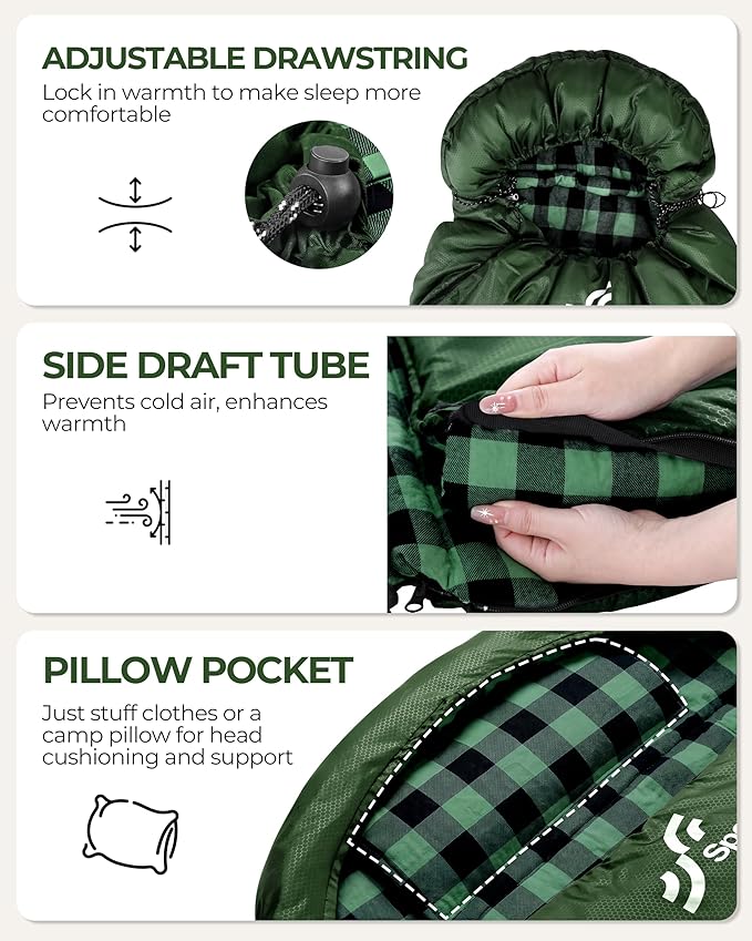 Sportneer 0 Degree Sleeping Bag for Cold Weather, XL Winter Sleeping Bag for Adults, Flannel Lined Camping Sleeping Bag, 32°F–59°F Rated, 87" x 33.5", 4.4 lbs, Detachable Hood, Compression Sack