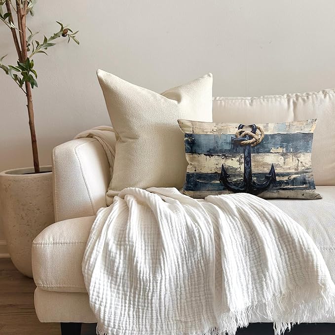 Vintage Nautical Ancho Throw Pillow Covers 20x12,Rustic Coastal Beach Lighthouse Decorative Pillow Cover,Coastal Anchor Decorative Pillowcases for Home Couch Bed Sofa Decor,129-BZ