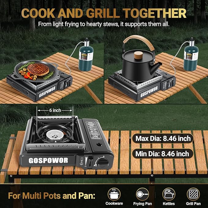 Propane or Butane Stove with Windblocker, Dual Fuel 10,000 BTU Portable Gas stove for Camping, Automatic Ignition Gas Stove with Adapter Hose Carrying Case & Griddle for Hiking (Fuel Not Included)