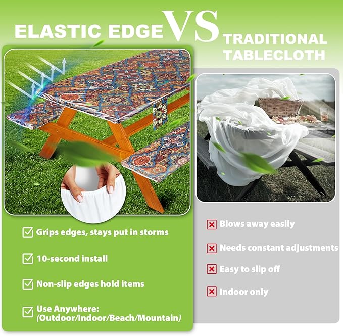 Fitted Picnic Table Cover with Bench Covers Waterproof Elastic Edges Rectangle Patio Tablecloth Outdoor Camping Essentials Stuff Rv Accessories Summer Travel Trip Camper Gifts for Woman Men, 96in 8 ft
