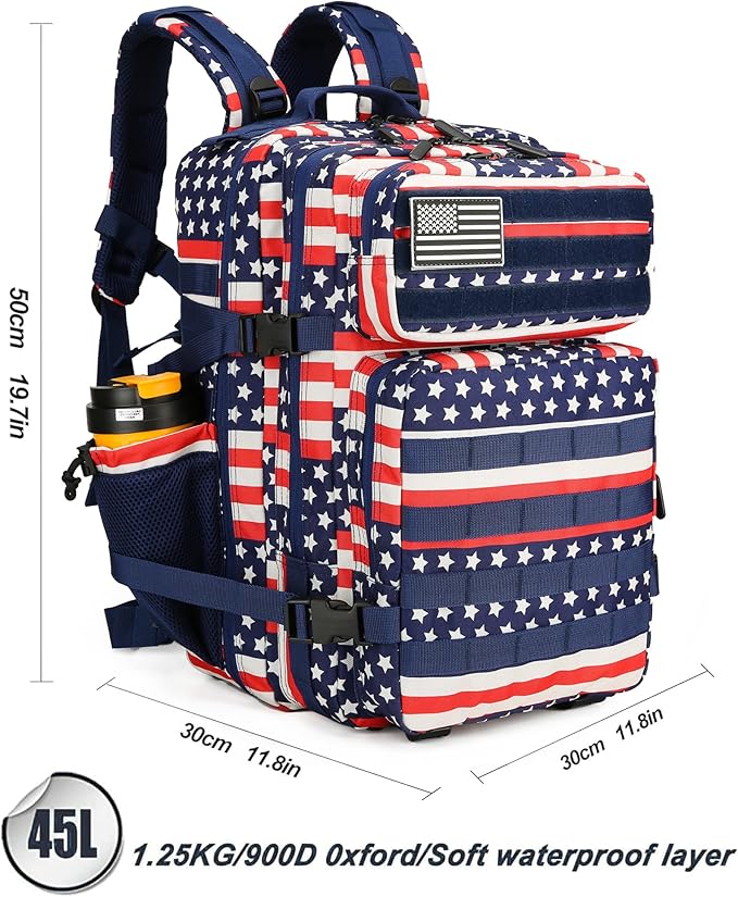 Lovelinks21 45L Tactical Assault Backpack 3 day assault pack with Molle Waterproof backpack Rucksack for Tactical Backpacks (Striped Flag)