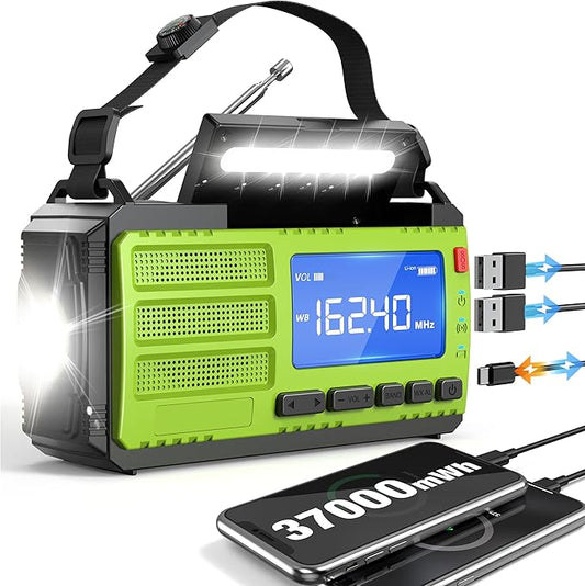 10000mAh/37000mWh Hand Crank Emergency Radio, AM FM NOAA Weather Alert Radio, Portable, Solar, 4 Charging Methods, 3-Mode Flashlight, Reading Lamp, SOS Alarm, Phone Charger for Winter Storm Emergency
