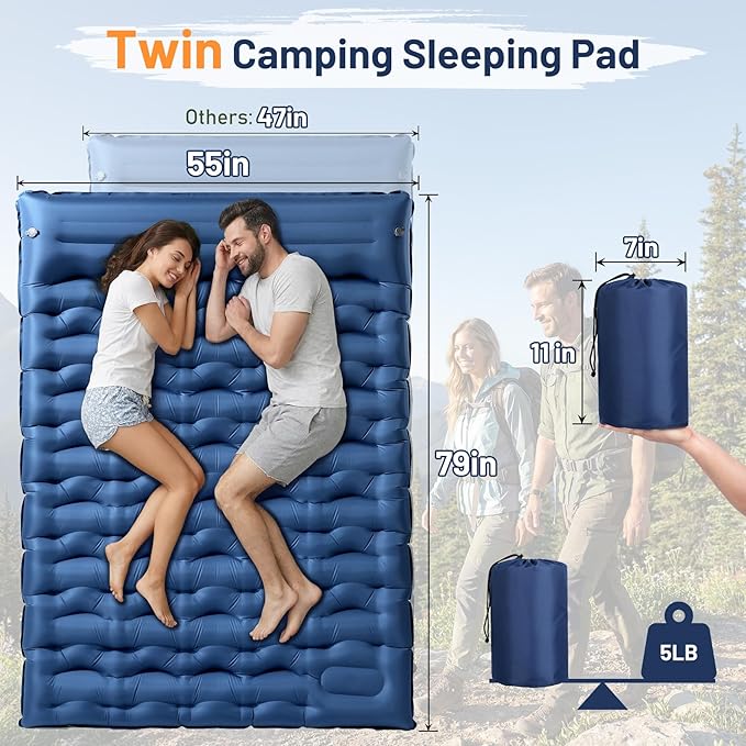 KASBAH Double Inflatable Camping Sleeping Pad,Thick 6 inch 2 Person Ultralight Sleeping Mat with Built-in Foot Pump and Pillow,Camping Essentials for Hiking,Backpacking,Traveling, Tent