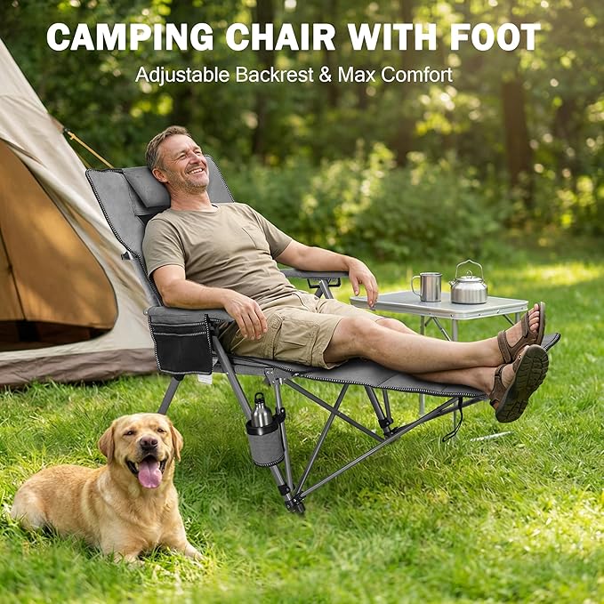 Folding Camping Chair for adults-3-in-1 Heavy Duty Foldable Camp Chair with Detachable Footstool, Padded Pillow, Cup Holder & Carry Bag,5-Speed Adjustable,400 LBS Capacity